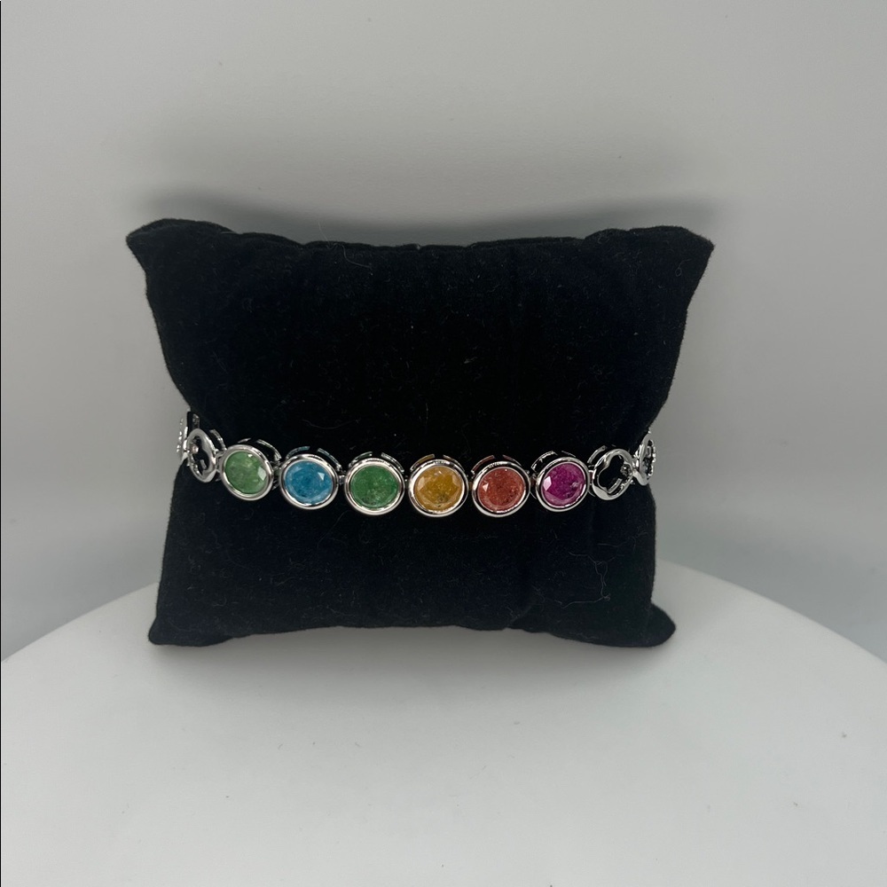 214. White Gold Plated over Stainless Steel Bracelet with Pastel Multi Stones 7”